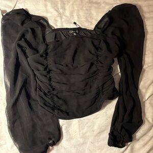 Dynamite Black Ruched Blouse with Sheer Sleeves